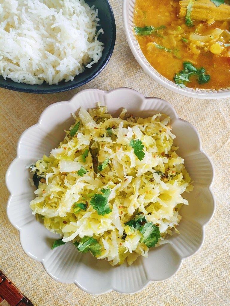 Drumstick Sambar, cabbage poriyal and rice