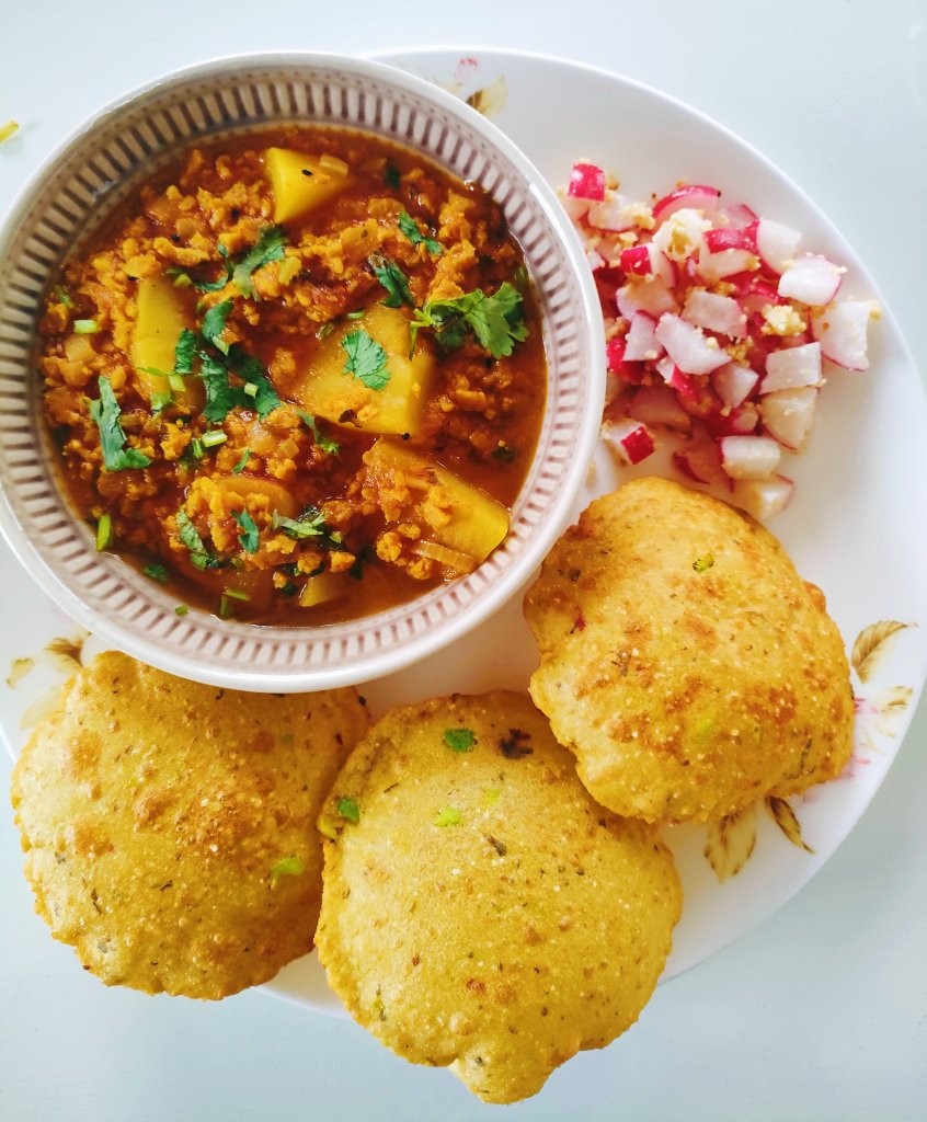 Green Soybean Poori with Potato Soya Chunks Sabzi